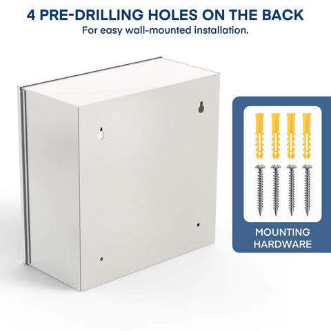 Top Shelf Steel AED Wall Mount Cabinet With Clear Front Panel For Immediate Automated External Defibrillator Access angle showing pre-drilling holes.
