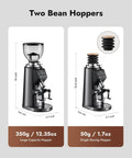 Game Changing 64 Mm Flat Burr Electric Coffee Grinder With 100 Adjustable Settings Precision Timer Anti Static Housing For Espresso French Press Smooth Stainless Steel Gunmetal Gray Finish featuring two bean hoppers.