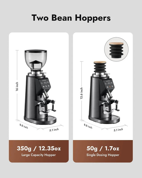 Game Changing 64 Mm Flat Burr Electric Coffee Grinder With 100 Adjustable Settings Precision Timer Anti Static Housing For Espresso French Press Smooth Stainless Steel Gunmetal Gray Finish featuring two bean hoppers.