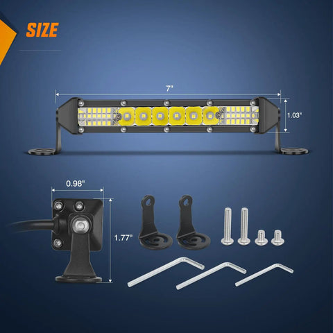 Slim 7 Inch LED Light Bar With 16 LED Chips 48W Spot Flood Combo with brackets, bolts, and tools shown.