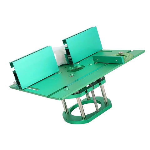 Heavy Duty Aluminum Woodworking Bench Router Lift System With Dead Nuts Precise Manual Crank Height Control and Easy Two Inch Stroke Tuning for Small Trim Routers Built Tight, green finish