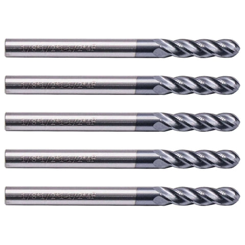 Five BestParts solid carbide ball-nose end mills, AlTiN-coated, 1/8 in cutter, 1/8 in shank, 4-flute, 30° helix