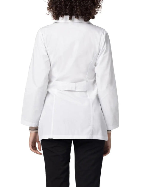Back view of Women's Princess Cut Lab Coat 30 Inch Length With Front And Back Seams And Belt Detail, White XXS