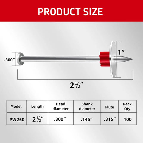 High Octane Powder Actuated Converter Pins With One Inch Washer.300 Head For Power Frame Guns dimensions illustration.