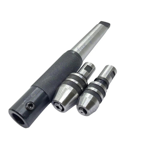 Pro Grade MT3 Morse Taper Lathe Tailstock Tap And Die Holder Set Eight Piece Threading And Tapping Kit with knurled sleeve.