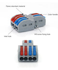 Universal Compact Wire Connector One Input Five Or Ten Outputs Quick Push Terminals For Fast Tool Free Splitter Wiring In Homes And Commercial Projects With Tin Plated Copper Contacts And Flame Retardant Housing, gray 4-port view