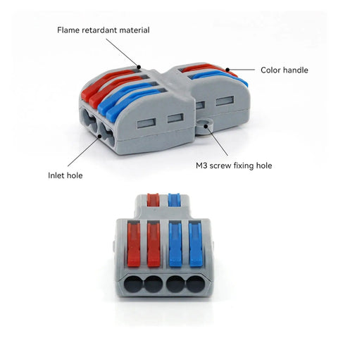 Universal Compact Wire Connector One Input Five Or Ten Outputs Quick Push Terminals For Fast Tool Free Splitter Wiring In Homes And Commercial Projects With Tin Plated Copper Contacts And Flame Retardant Housing, gray 4-port view