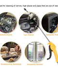 High Volume Air Blow Gun With Slim Aluminum Alloy 10 Inch Nozzle showing various cleaning applications like car interior and engine