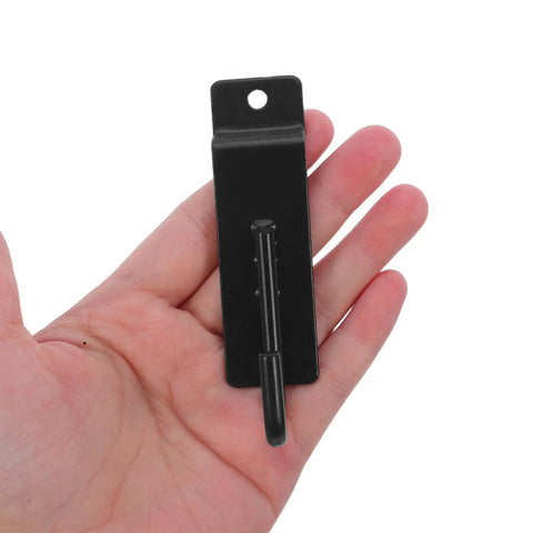 Person holding Black Iron Slat Wall Panel Hooks Set For Garage Storage And Retail Display Must Have Versatile Metal Wall Hangers