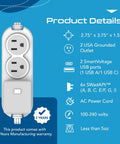 Travel Ready Compact Power Strip With USB Type C Port And Grounded USB Port, Surge Protector, Two US Outlets, front view details