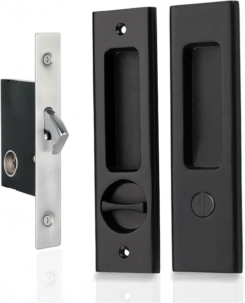 6.3 Inch Privacy Pocket Door Lock Set For Double Barn Doors, Silent Mortise Lock Hardware In Black, Zinc Alloy Handle With Brass Cylinder