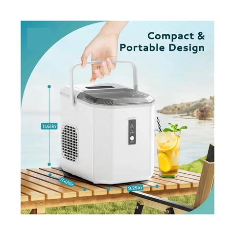 Portable Ice Maker Cranking Out Twenty Six Pounds Daily Produces Nine Bullet Cubes In Six Flat Minutes Boasts Self Cleaning Tray And Slim Countertop Profile For Zero Hassle Hosting At Home Or Backyard Parties on outdoor table.
