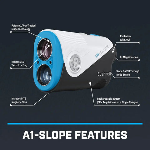 Ultra Compact Golf Rangefinder with 6x Magnification, USB C Rechargeable, PinSeeker JOLT, Slope On Off, shown with features labeled