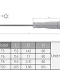 Top Notch T20 Security Torx Screwdriver With Strong Magnetic Tip heavy duty design detailed with size measurements.