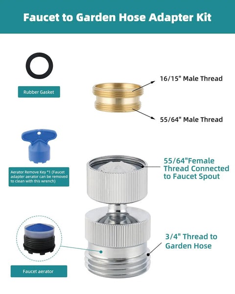 Swivel Faucet Adapter Kit, Solid Brass 3/4 Inch Garden Hose Adapter With Aerator, 360 Degree Kitchen Sink Faucet Adapter, chrome parts and gasket
