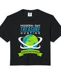 Geocaching Treasure Hunt Gear Crop Top With Trackable GPS Design For Outdoor Adventurers Swag Style Tee with treasure map graphic.