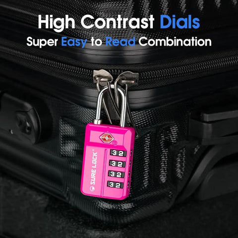 Pink TSA Approved 4 Digit Luggage Lock With Resettable Combination And Red Dot Open Alert attached to suitcase