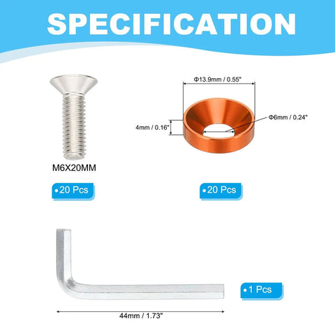 Pro Grade Finish Countersunk Washer Kit M6 Set With Aluminum Alloy Flat Cup Head Screws And Gaskets, 20 Pcs Orange, Includes Driver Wrench