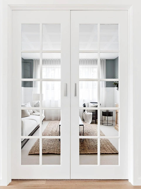 Adhesive Cabinet Pulls 5 Pack 3 To 9 Sixteen Inch Length Covers 3 Inch Hole Center installed on white glass doors