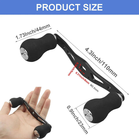 Rock Solid Aluminum Ambidextrous Power Crank Handle Replacement Kit shown with EVA double knob grips and size measurements