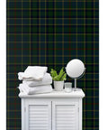 Built Tough Heavy Duty Textured Vinyl Wall Covering Custom Printed Leather Look Design Commercial Grade High Traffic Ready Wallcovering over white cabinet.