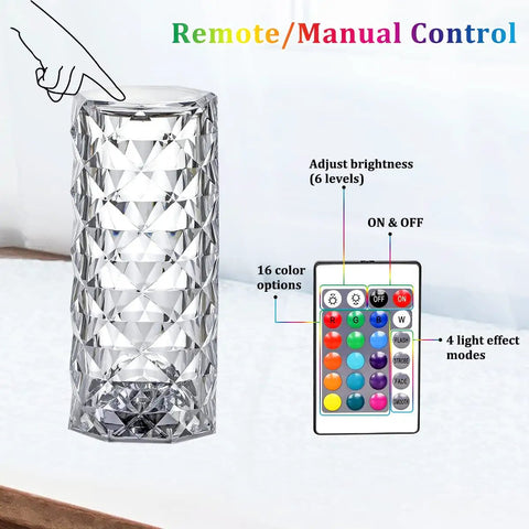Crystal Diamond Night Light Lamp With 16 RGB Colors And 4 Modes, featuring remote and touch controls with USB power