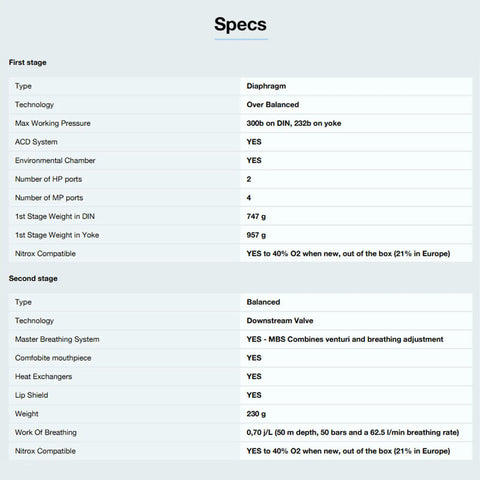 Specifications sheet for Leg3nd MBS Dive Regulator Gear For Cold Water Dives With Master Breathing System, Venturi And Inhalation Adjustment.