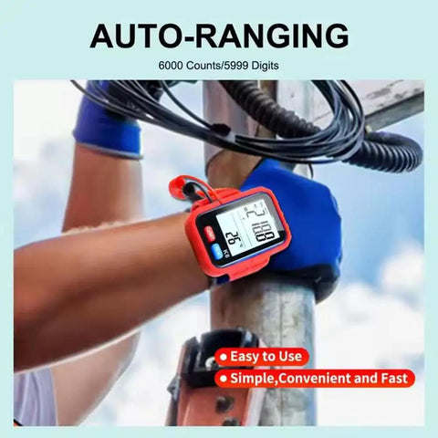 Pro Grade Digital Multimeter With Auto Range And Backlight in use by electrician on wiring pole