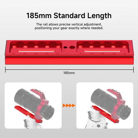 Go To Dual Sided Dovetail Mount Plate 185mm for SV555 APO with Vixen Synta and Arca Swiss Mounts, red dovetail plate shown mounted