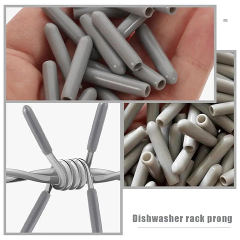 Top Shelf Gray Dishwasher Rack End Caps 50 Pack No Sweat Universal Prong Tip Covers on hand and surface, heavy-duty plastic.