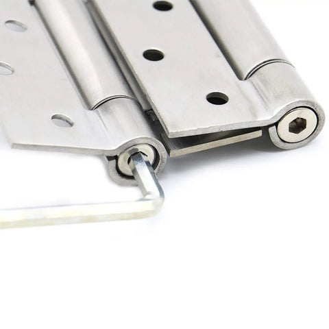 Close-up view of Badass Stainless Steel Double Spring Hinges 4 Inch showing dual spring mechanism and smooth finish.