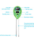 Close-up of Soil Tester 3 In 1 Moisture Meter Light And pH Meter with labeled dial and probes for plant care