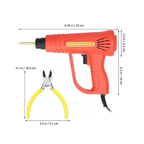 70W Portable Handheld Plastic Welding Kit with 110V US Plug for Quick Car Bumper Repairs, red welding gun and pliers with dimensions