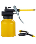 Oil can pump oiler, 8oz metal body yellow with black top and lever; 9in flexible and 3in straight spouts with hose