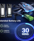 1080P Camera Mini Drone With Brushless Motors For Beginners displaying extended battery life and dual batteries feature on screen
