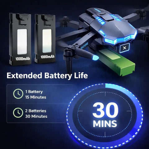 1080P Camera Mini Drone With Brushless Motors For Beginners displaying extended battery life and dual batteries feature on screen