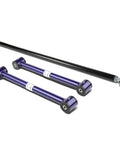 Beefy Blue Adjustable Panhard Track Bar And Lower Control Arm Kit For Fbody Camaro Firebird With Chromoly Spherical Bearings and Flex Bushings, view showing two lower control arms and one panhard bar.