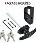 Heavy Duty Shed Door Latch Kit With T Handle Lock For Barn Gate Garage Doors Four And A Half Inch Stem Adjustable Latch Fit Up To Three And A Half Inch Thick Doors Includes Four Keys Carbon Steel And Zinc Alloy Construction package contents