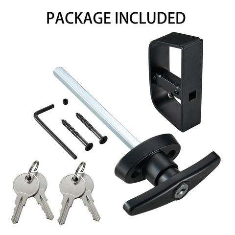 Heavy Duty Shed Door Latch Kit With T Handle Lock For Barn Gate Garage Doors Four And A Half Inch Stem Adjustable Latch Fit Up To Three And A Half Inch Thick Doors Includes Four Keys Carbon Steel And Zinc Alloy Construction package contents
