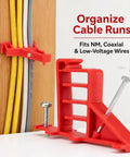Premium Cable Staples Set 100 Count Insulated Nails Secure NM Wire Coax Cat 5 And Data Lines Safe Fast Install For Drywall Wood Brick Home Theater Setup, showing red clips securing wires to wood.