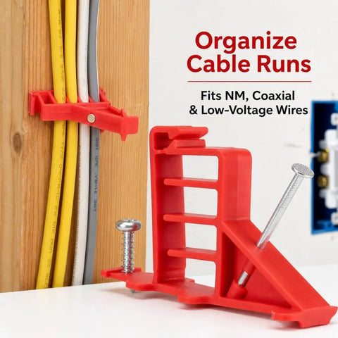 Premium Cable Staples Set 100 Count Insulated Nails Secure NM Wire Coax Cat 5 And Data Lines Safe Fast Install For Drywall Wood Brick Home Theater Setup, showing red clips securing wires to wood.