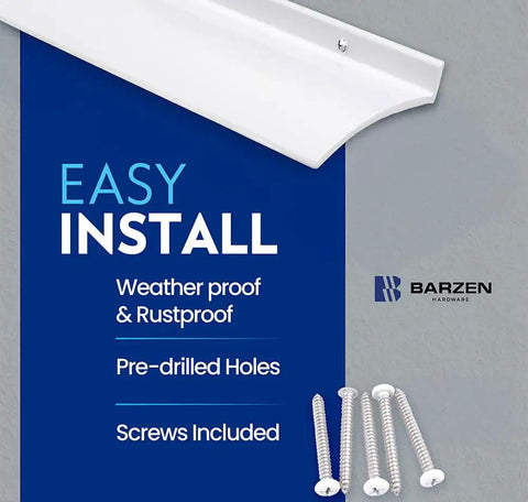 Heavy Duty Exterior Door Rain Drip Guard With Slick White Aluminum Finish Universal Over Door Drip Cap Rain Deflector For Windows And Doors No Sweat DIY Install with pre-drilled holes and screws included.