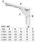 Slick Fold Away Corner Brackets For Wall Shelves And Tables Heavy Duty Support With No Sweat Screw Setup Straight Up Easy Hidden Triangle Mount White 14 Inch Pair dimensions chart