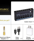 Image of Six Channel Portable Mini Audio Mixer with 6.35mm to 3.5mm adapters, data and power cables included.
