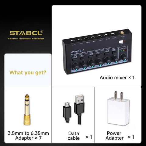 Image of Six Channel Portable Mini Audio Mixer with 6.35mm to 3.5mm adapters, data and power cables included.