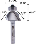 Pro Grade Carbide Chamfer Router Bit 45 Degree Bevel With Five Eighths Inch Cutting Length, One Quarter Inch Shank