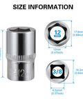 Dimensions of 7-Piece 12mm Shallow Socket Set For Three-Eighths Inch Drive, highlighting 6-point radius corner design.
