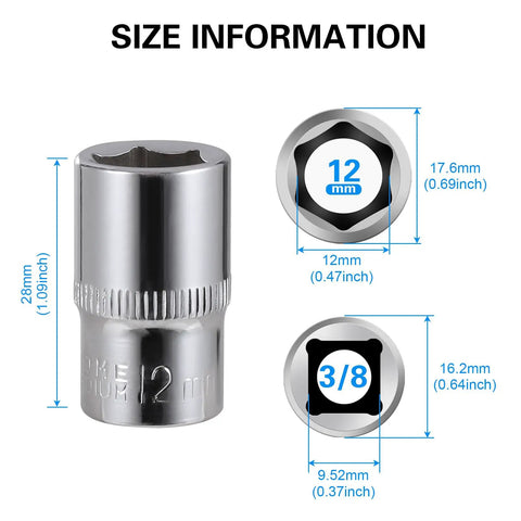 Dimensions of 7-Piece 12mm Shallow Socket Set For Three-Eighths Inch Drive, highlighting 6-point radius corner design.