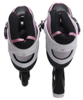 Rear view of pink adjustable roller skates for teens with PU mesh upper and smooth glide, ideal for ice skating practice and outdoor fun.
