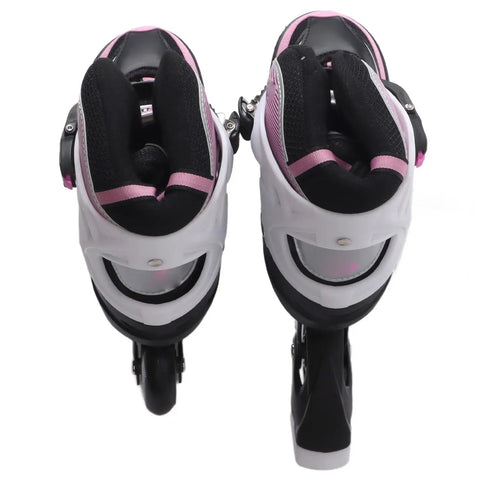 Rear view of pink adjustable roller skates for teens with PU mesh upper and smooth glide, ideal for ice skating practice and outdoor fun.